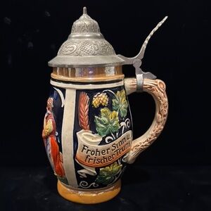 Vintage German Beer Stein with Hinged Pewter Lid